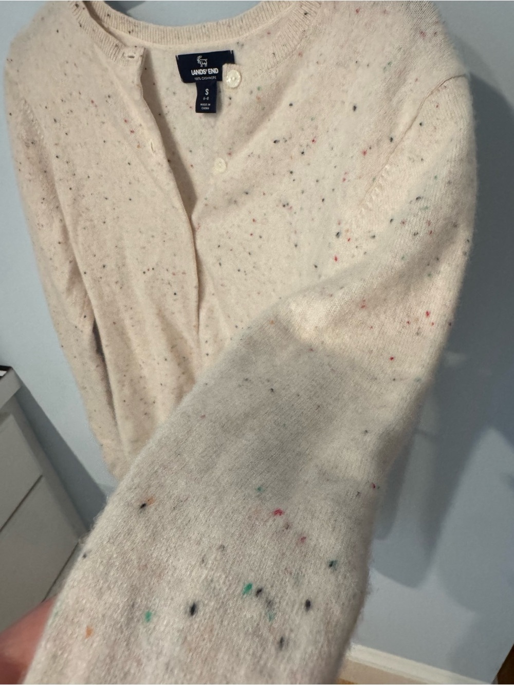 Lands' End Cashmere Cream Speckled Button Cardigan - Picture 3 of 4